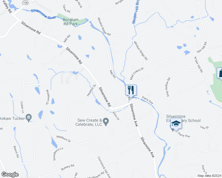 map of restaurants, bars, coffee shops, grocery stores, and more near 1006 Silvermine Road in New Canaan