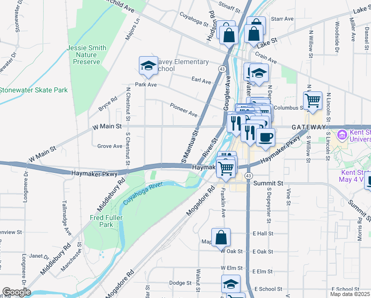 map of restaurants, bars, coffee shops, grocery stores, and more near 141 South Mantua Street in Kent