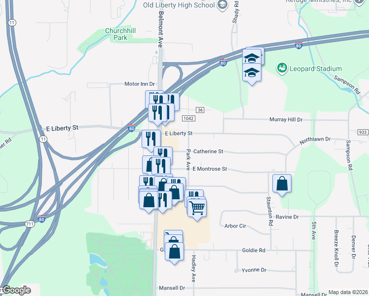 map of restaurants, bars, coffee shops, grocery stores, and more near 126 Catherine Street in Youngstown