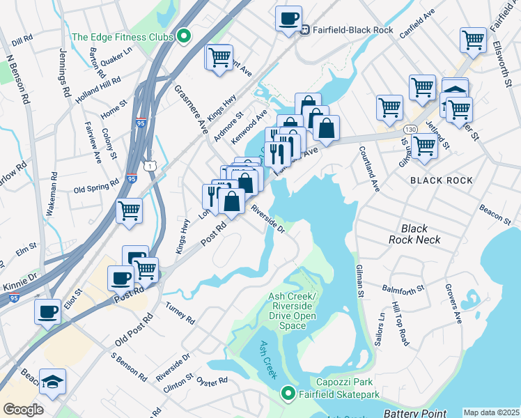 map of restaurants, bars, coffee shops, grocery stores, and more near 45 Riverside Drive in Fairfield