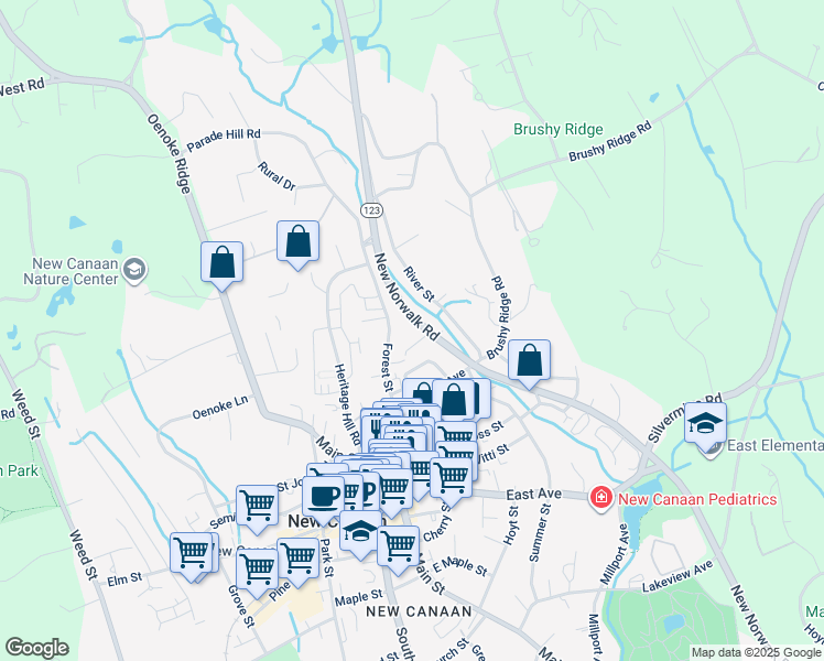map of restaurants, bars, coffee shops, grocery stores, and more near 87 New Norwalk Road in New Canaan