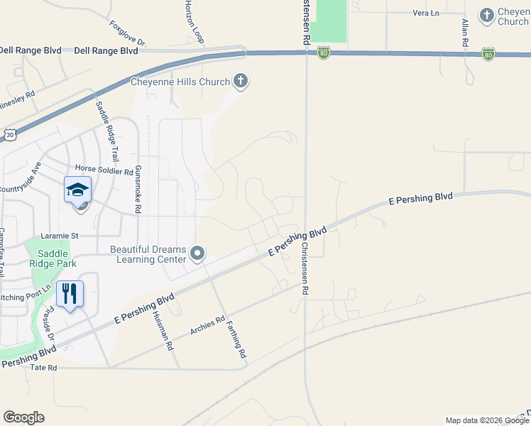 map of restaurants, bars, coffee shops, grocery stores, and more near 3819 Christensen Road in Cheyenne