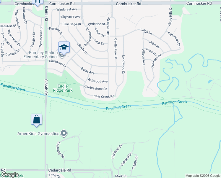map of restaurants, bars, coffee shops, grocery stores, and more near 123 Fall Creek Road South in Papillion