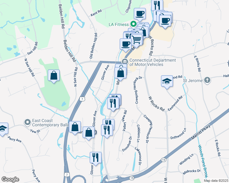 map of restaurants, bars, coffee shops, grocery stores, and more near 479 Main Avenue in Norwalk