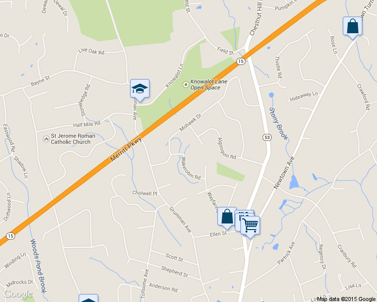 map of restaurants, bars, coffee shops, grocery stores, and more near 7 Wakerobin Road in Norwalk