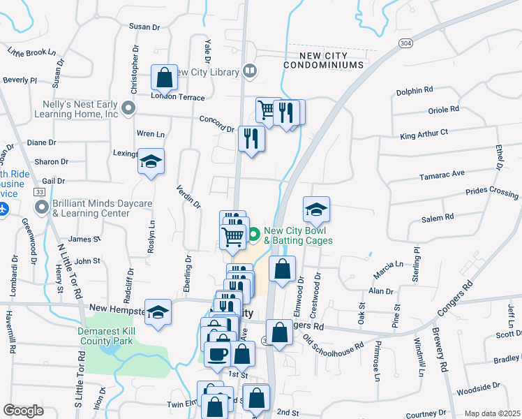 map of restaurants, bars, coffee shops, grocery stores, and more near 160 North Main Street in New City