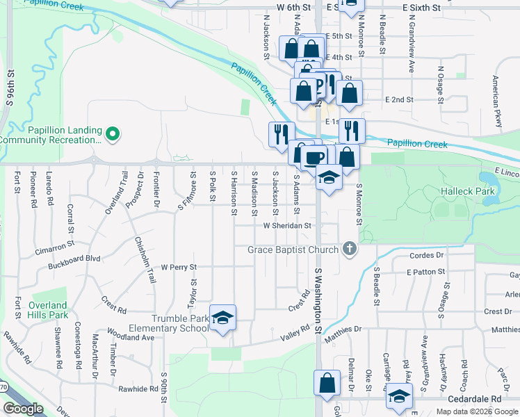 map of restaurants, bars, coffee shops, grocery stores, and more near 503 South Madison Street in Papillion
