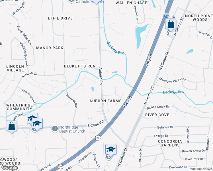 map of restaurants, bars, coffee shops, grocery stores, and more near 1909 Falcon Hill Place in Fort Wayne