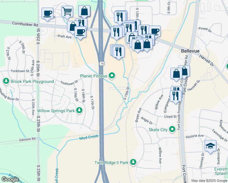 map of restaurants, bars, coffee shops, grocery stores, and more near 10712 South 15th Street in Bellevue