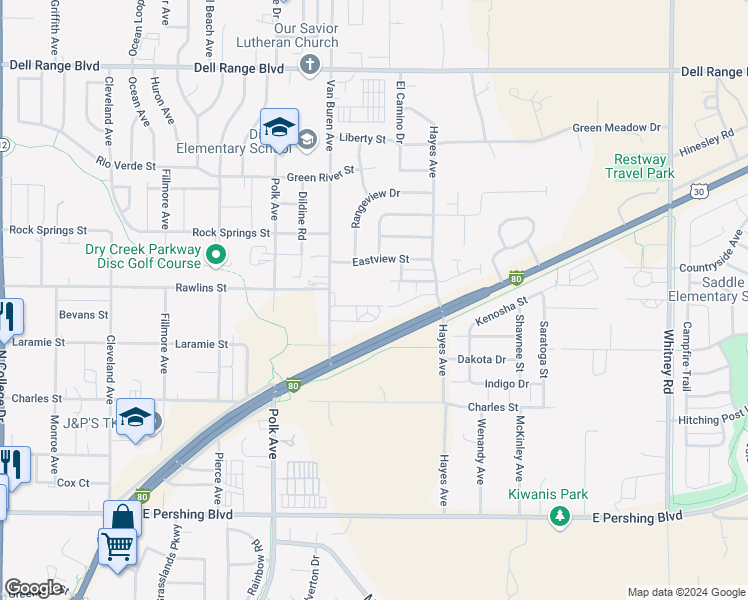 map of restaurants, bars, coffee shops, grocery stores, and more near 5400 Carter Road in Cheyenne