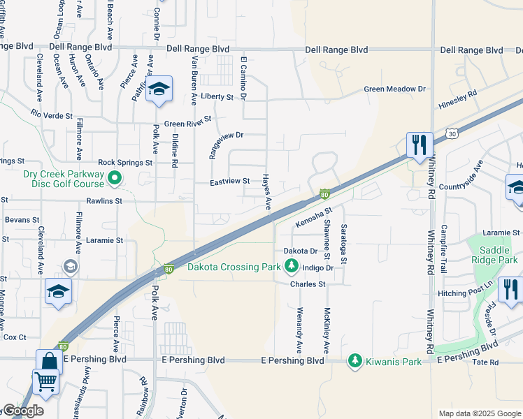 map of restaurants, bars, coffee shops, grocery stores, and more near 5467 Carter Road in Cheyenne