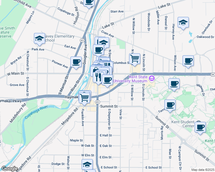 map of restaurants, bars, coffee shops, grocery stores, and more near 100 East Erie Street in Kent