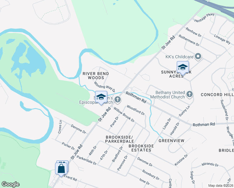 map of restaurants, bars, coffee shops, grocery stores, and more near 7399 Saint Joe Road in Fort Wayne