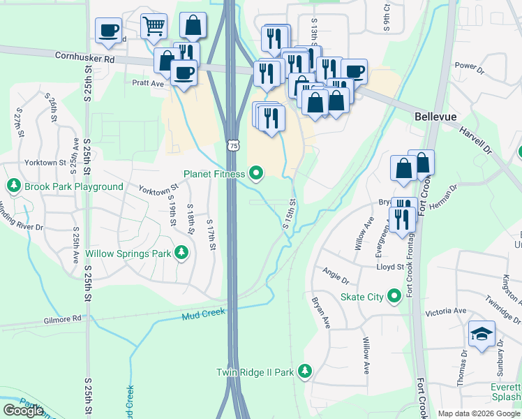 map of restaurants, bars, coffee shops, grocery stores, and more near 10804 South 15th Street in Bellevue