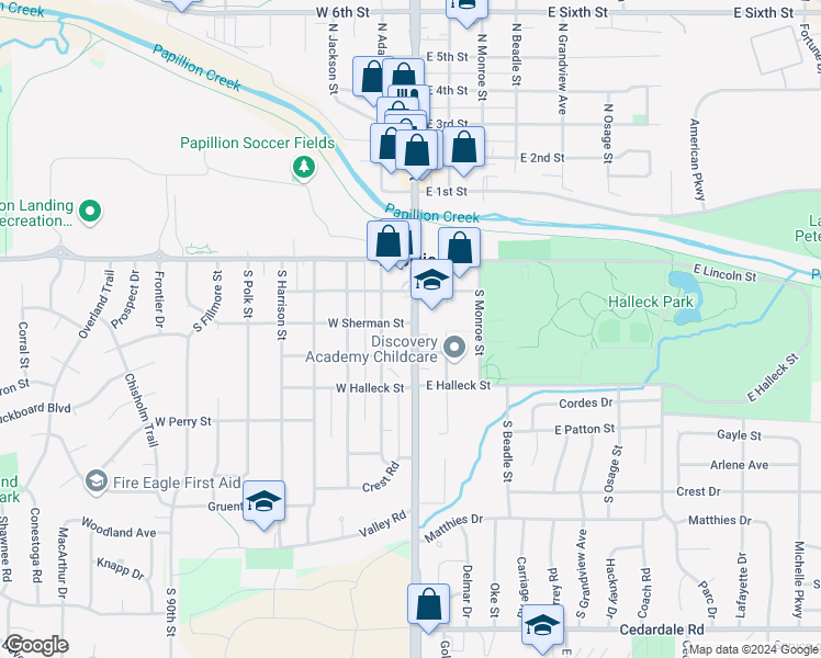map of restaurants, bars, coffee shops, grocery stores, and more near 504 South Washington Street in Papillion