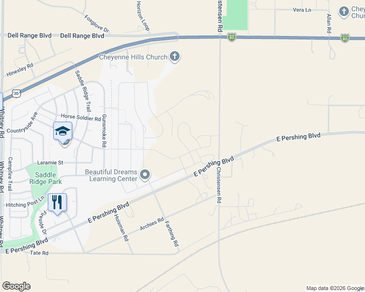 map of restaurants, bars, coffee shops, grocery stores, and more near 7858 East Pershing Boulevard in Cheyenne