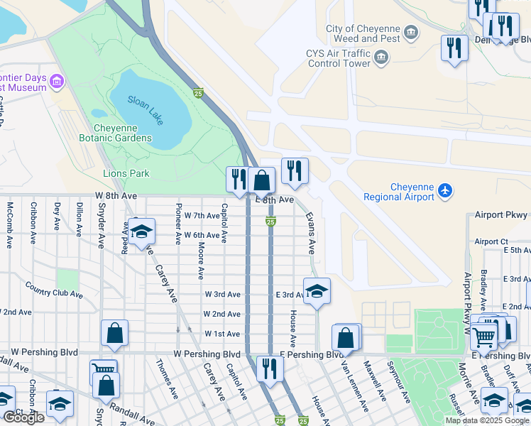 map of restaurants, bars, coffee shops, grocery stores, and more near 114 E 7th Ave in Cheyenne