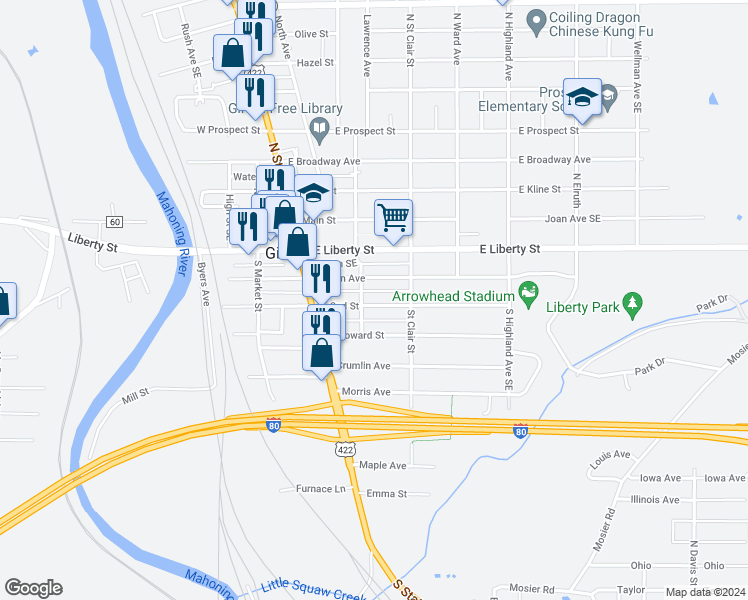 map of restaurants, bars, coffee shops, grocery stores, and more near 112 East 2nd Street in Girard