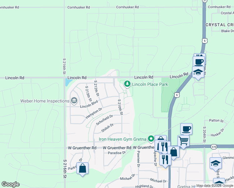 map of restaurants, bars, coffee shops, grocery stores, and more near 10704 South 210th Street in Gretna