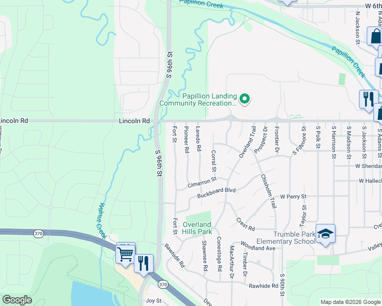 map of restaurants, bars, coffee shops, grocery stores, and more near 409 Pioneer Road in Papillion