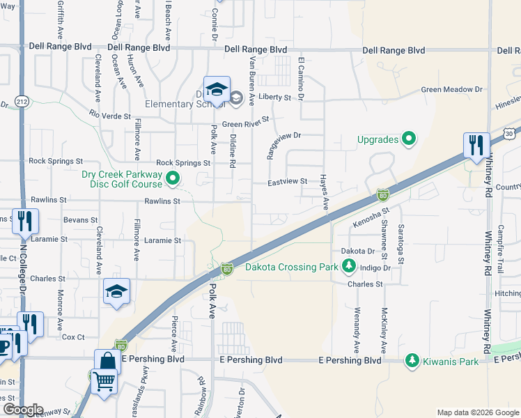 map of restaurants, bars, coffee shops, grocery stores, and more near 5216 Carter Road in Cheyenne