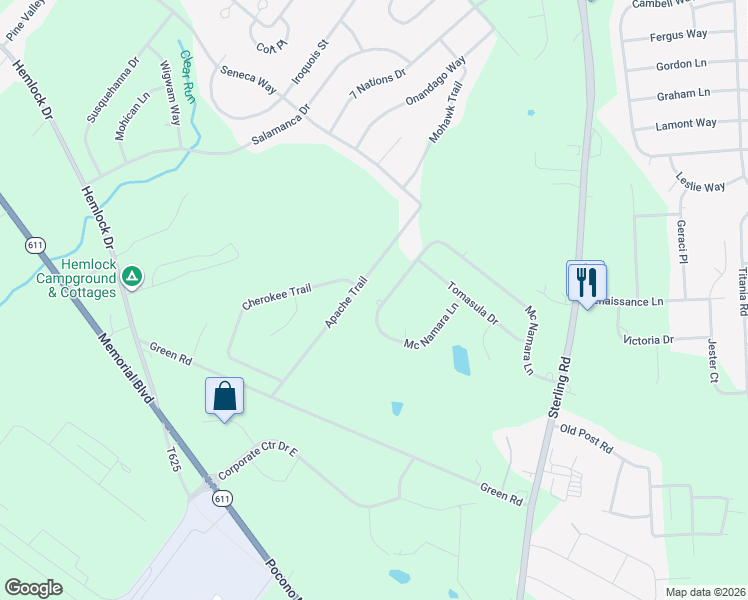 map of restaurants, bars, coffee shops, grocery stores, and more near 13 Mcnamara Lane in Tobyhanna