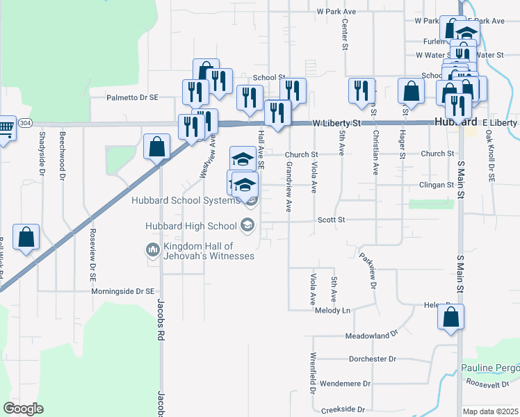 map of restaurants, bars, coffee shops, grocery stores, and more near 350 Hall Avenue Southeast in Hubbard