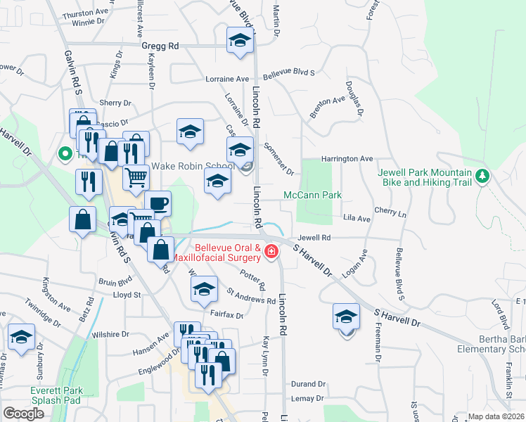 map of restaurants, bars, coffee shops, grocery stores, and more near 805 Lincoln Road in Bellevue