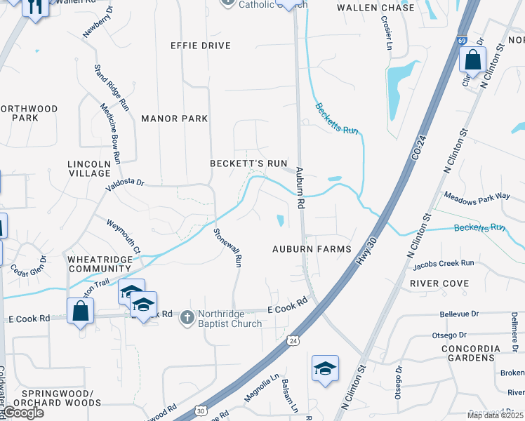 map of restaurants, bars, coffee shops, grocery stores, and more near 1515 Cannonade Court in Fort Wayne