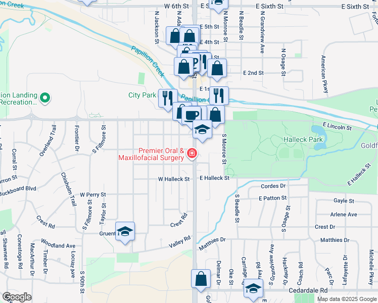 map of restaurants, bars, coffee shops, grocery stores, and more near 105 W Sherman St in Papillion