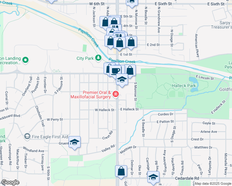 map of restaurants, bars, coffee shops, grocery stores, and more near 504 South Washington Street in Papillion
