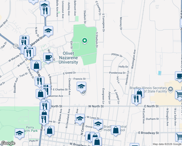 map of restaurants, bars, coffee shops, grocery stores, and more near 408 South Grand Avenue in Bradley