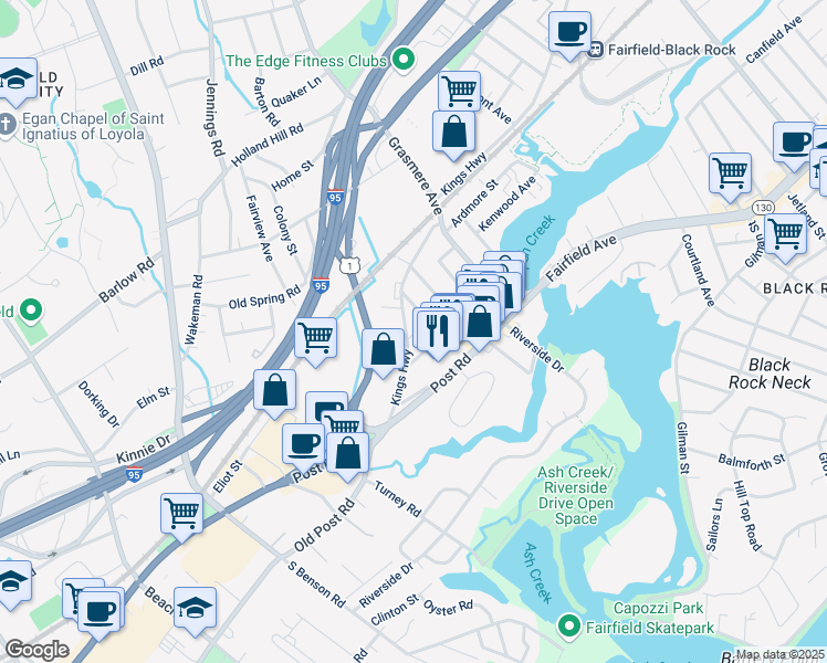 map of restaurants, bars, coffee shops, grocery stores, and more near 2161 Kings Highway in Fairfield