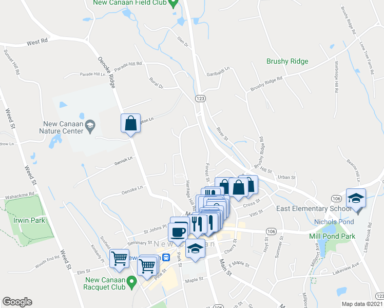 map of restaurants, bars, coffee shops, grocery stores, and more near 111 Heritage Hill Road in New Canaan