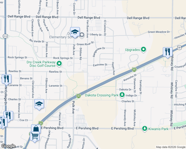 map of restaurants, bars, coffee shops, grocery stores, and more near 5216 Carter Road in Cheyenne