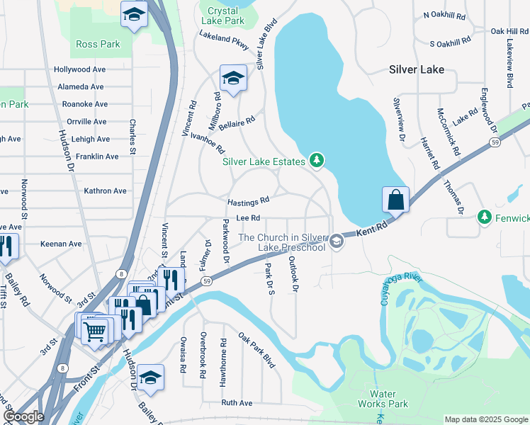 map of restaurants, bars, coffee shops, grocery stores, and more near 2891 Lee Road in Silver Lake