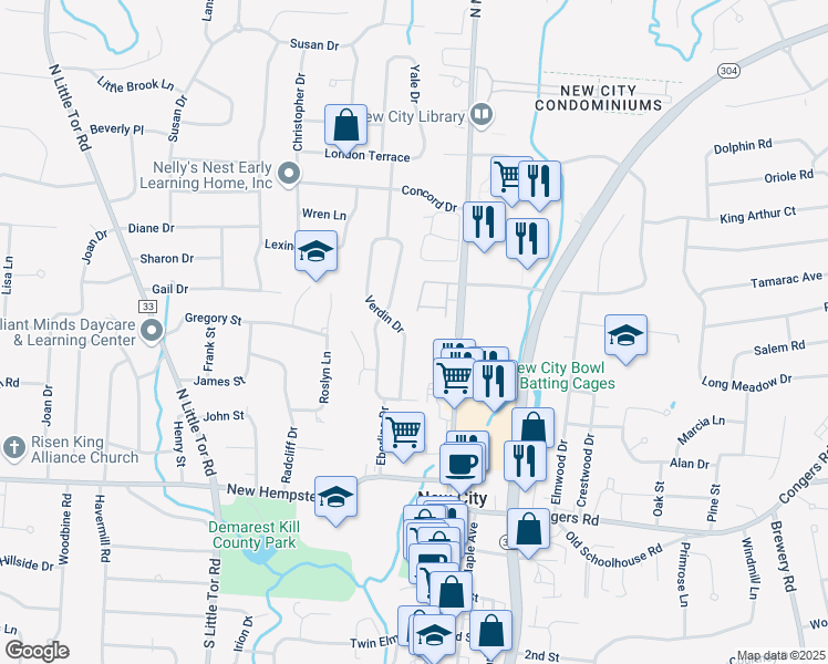 map of restaurants, bars, coffee shops, grocery stores, and more near 26 Verdin Drive in New City