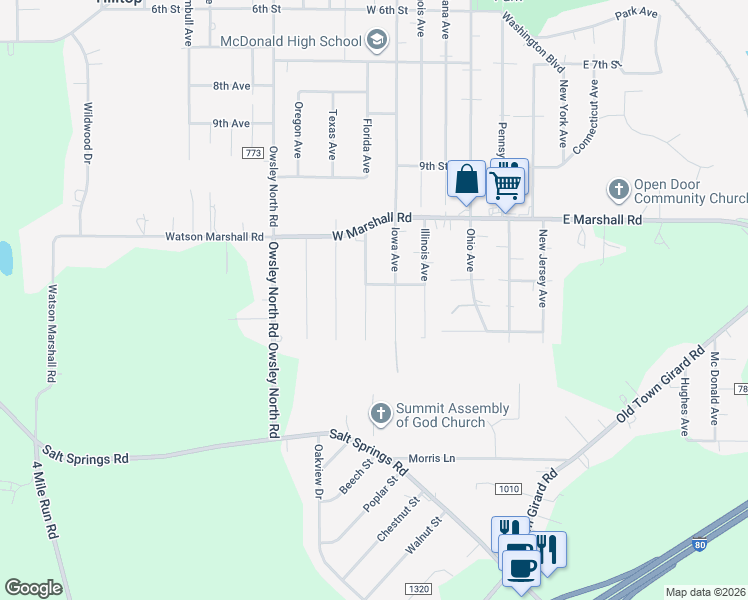 map of restaurants, bars, coffee shops, grocery stores, and more near 1117 Annabelle Avenue in McDonald