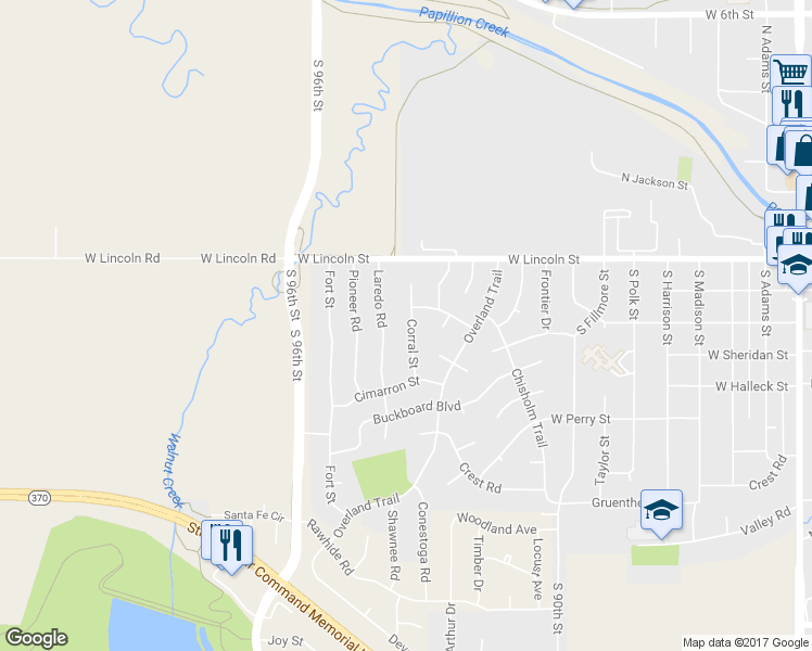 map of restaurants, bars, coffee shops, grocery stores, and more near 406 Corral Street in Papillion