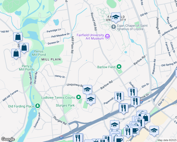 map of restaurants, bars, coffee shops, grocery stores, and more near 267 Brookbend Road in Fairfield
