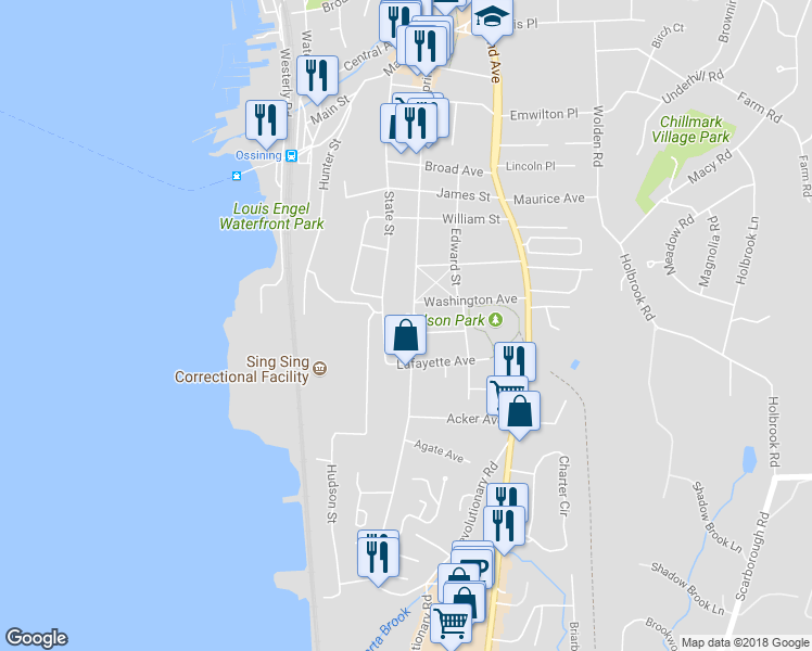map of restaurants, bars, coffee shops, grocery stores, and more near 232 Spring Street in Ossining