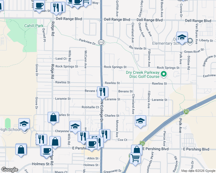 map of restaurants, bars, coffee shops, grocery stores, and more near 4013 Rawlins Street in Cheyenne