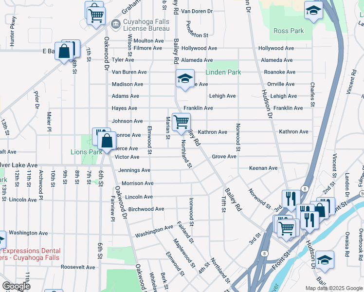 map of restaurants, bars, coffee shops, grocery stores, and more near 53 Pierce Avenue in Cuyahoga Falls