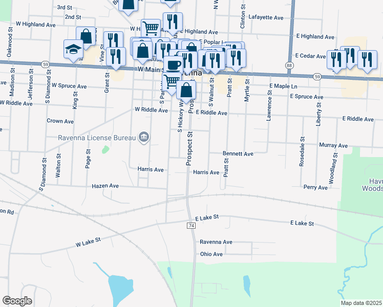 map of restaurants, bars, coffee shops, grocery stores, and more near 461 South Prospect Street in Ravenna
