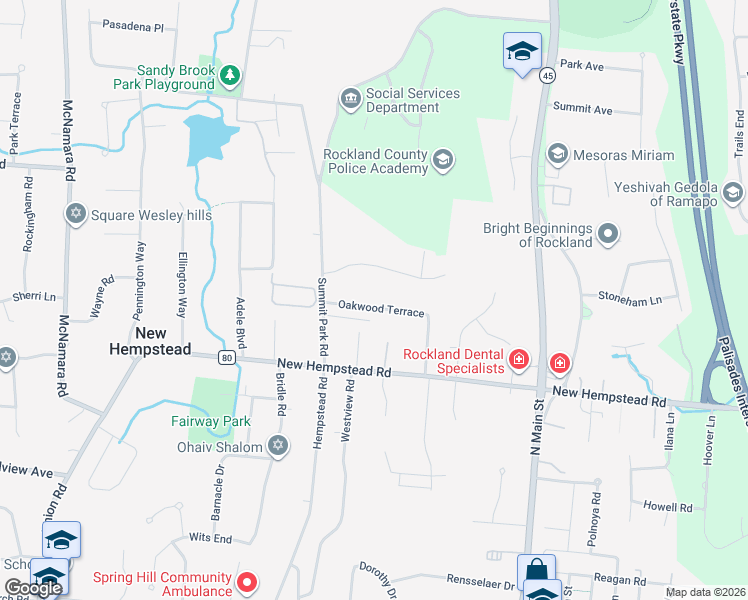 map of restaurants, bars, coffee shops, grocery stores, and more near 18 Oakwood Terrace in Spring Valley