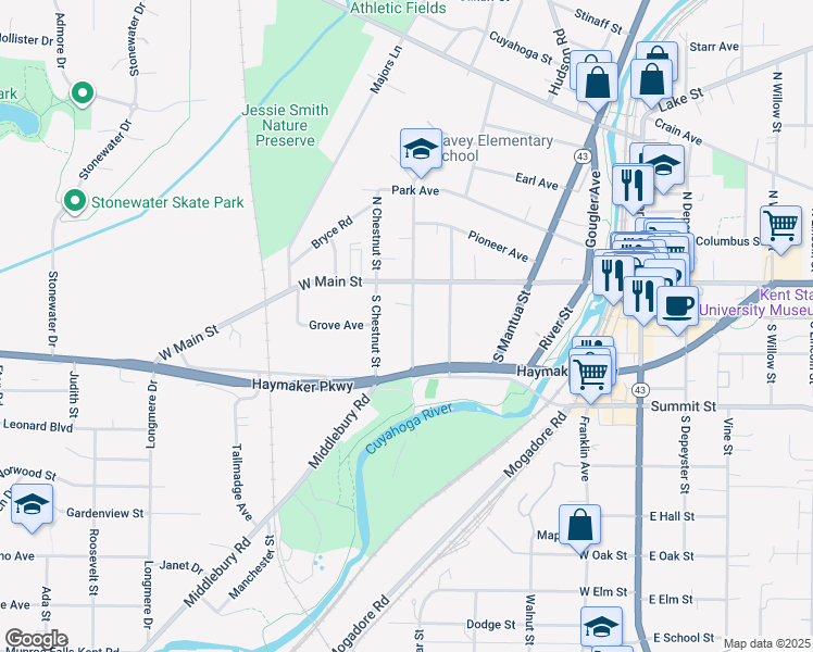 map of restaurants, bars, coffee shops, grocery stores, and more near 142 South Prospect Street in Kent