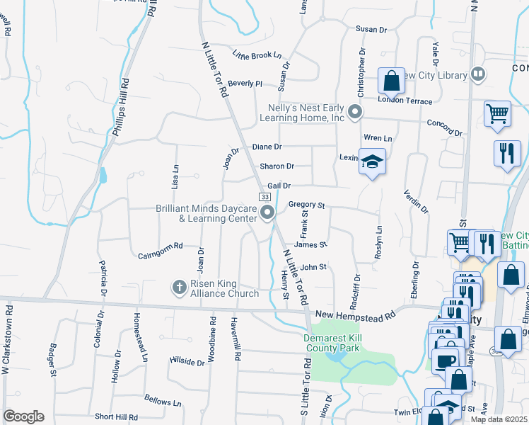 map of restaurants, bars, coffee shops, grocery stores, and more near 75 North Little Tor Road in New City