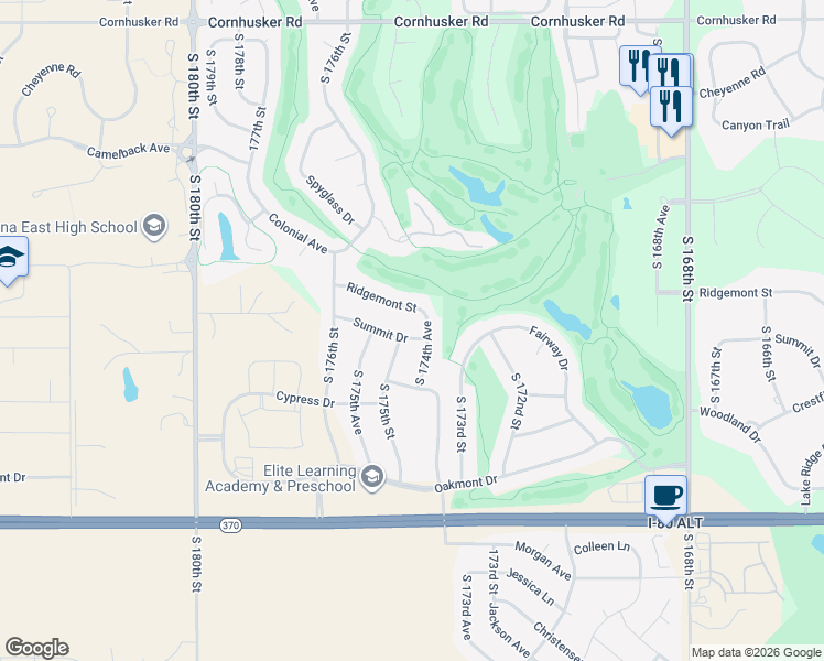 map of restaurants, bars, coffee shops, grocery stores, and more near 17452 Summit Drive in Omaha