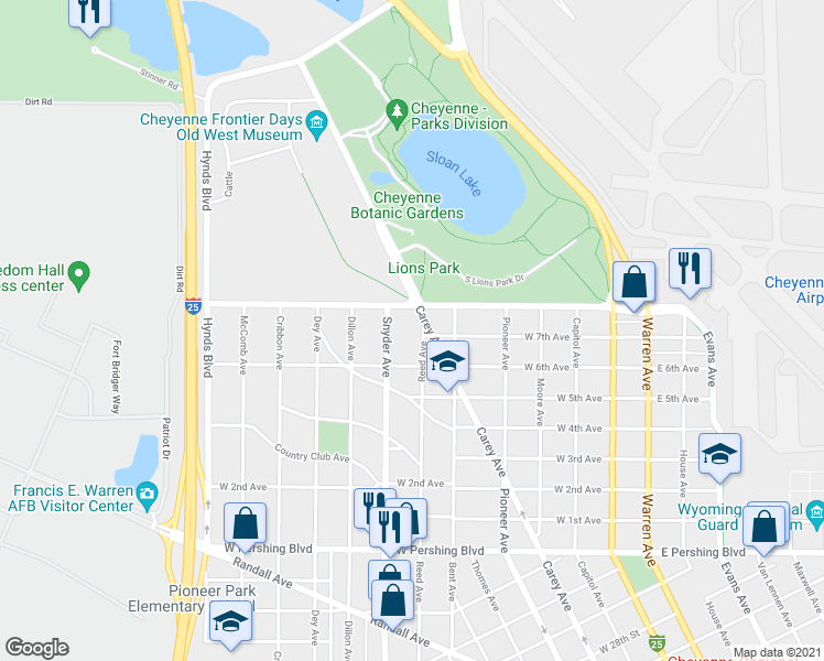 map of restaurants, bars, coffee shops, grocery stores, and more near 4004 Reed Ave in Cheyenne