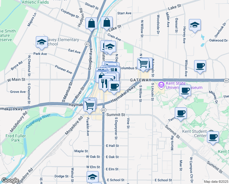 map of restaurants, bars, coffee shops, grocery stores, and more near 100 East Erie Street in Kent